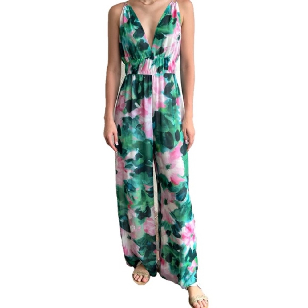 NEW Zara Floral Pantsuit Jumpsuit Chiffon Pink Green Sleeveless Print WideLeg XS